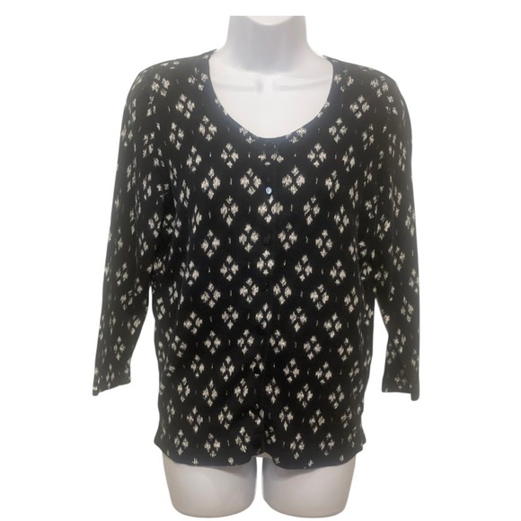 Talbots Sweaters - Talbots Womens Black White Diamond Pattern‎ Knit Cardigan Sweater M
